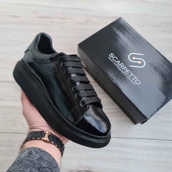 Platform Sole Shiny Black Genuine Leather Sneakers